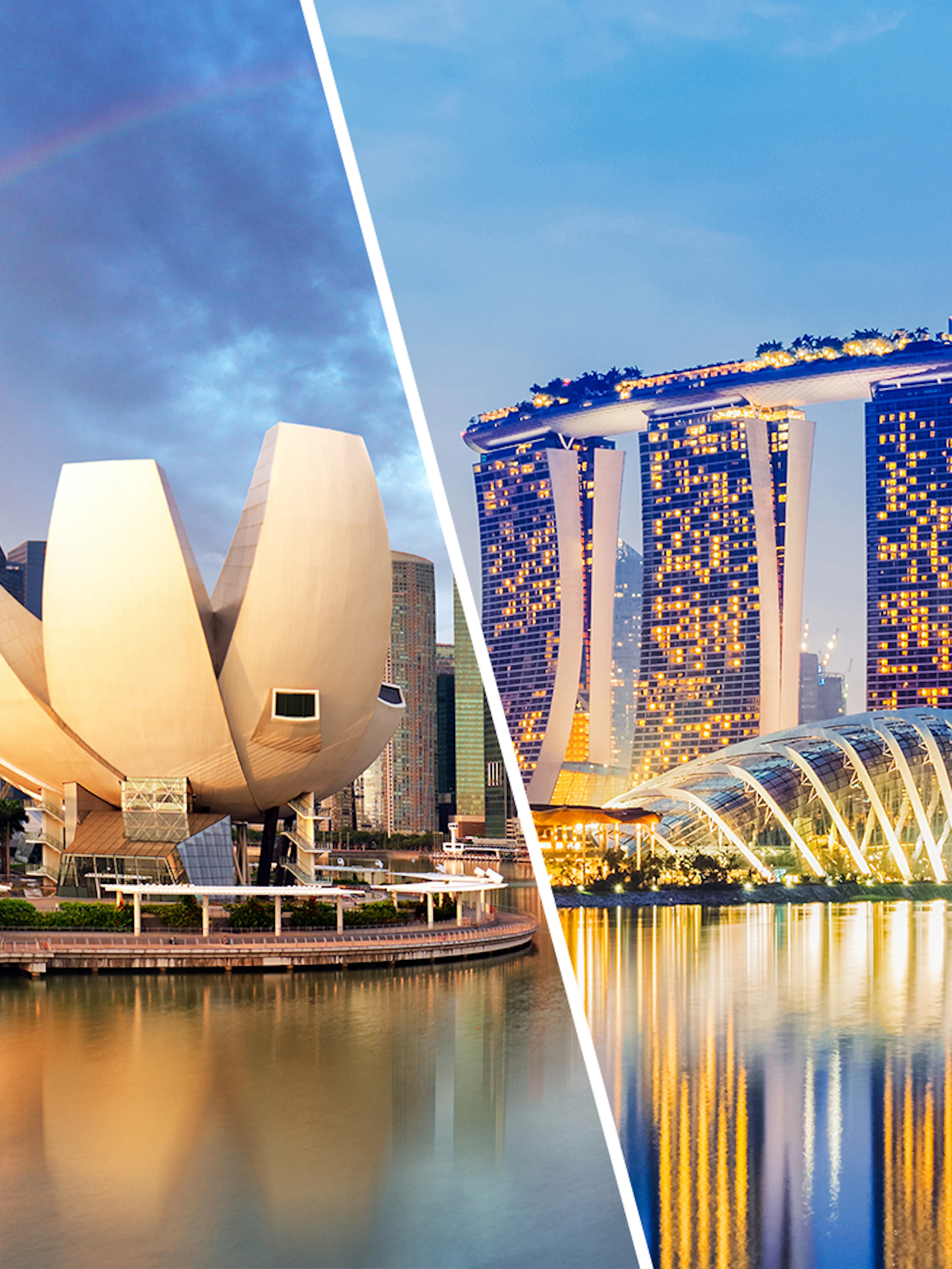 ArtScience Museum and Marina Bay Sands in Singapore at sunset.