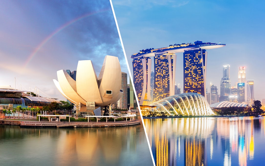 ArtScience Museum and Marina Bay Sands in Singapore at sunset.