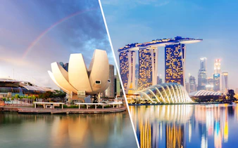 ArtScience Museum and Marina Bay Sands in Singapore at sunset.