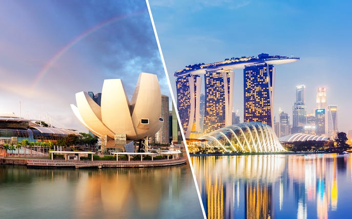 ArtScience Museum and Marina Bay Sands in Singapore at sunset.