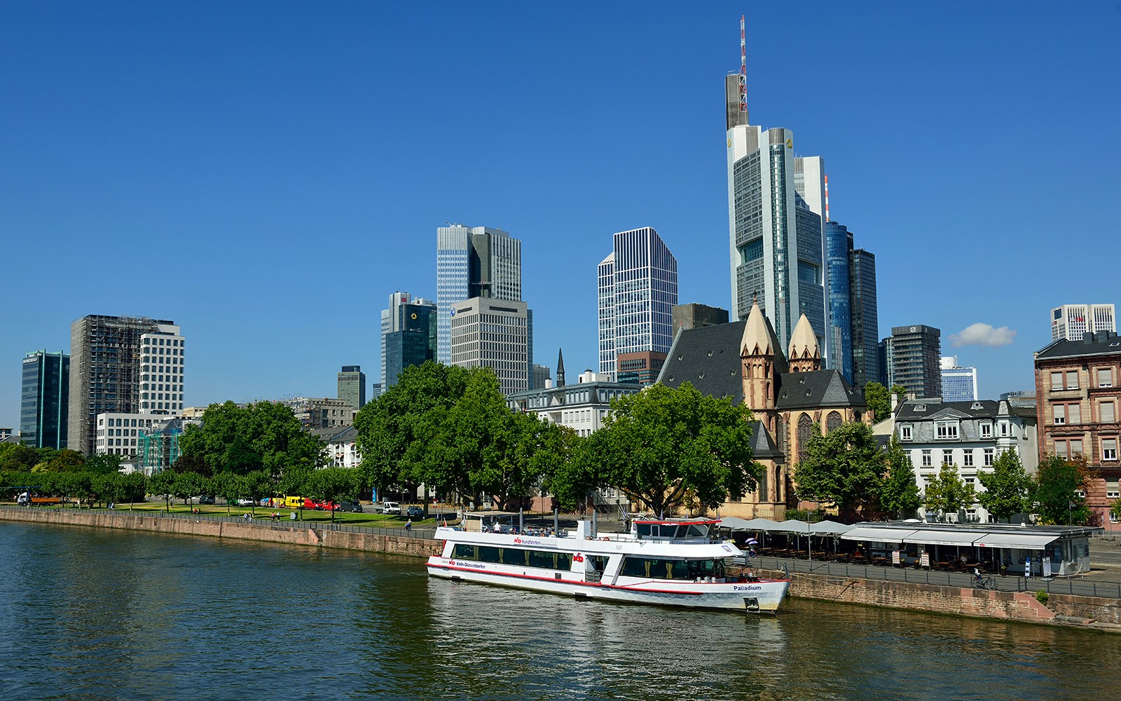 Frankfurt skyline view from Main River during Panorama City Cruise.