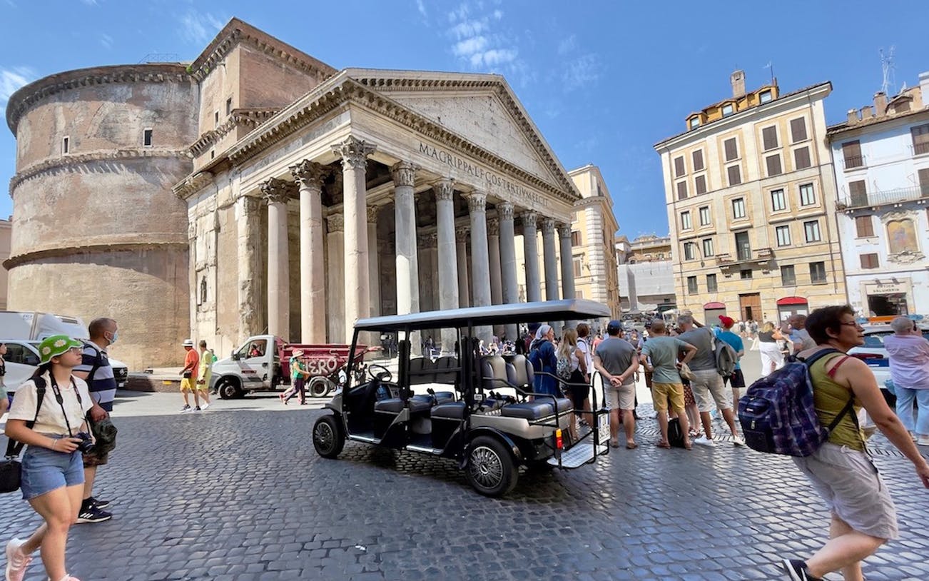 Golf cart near the Pantheon in Rome during a morning food tour.