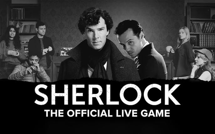 Sherlock Holmes live game poster with characters in a detective setting.