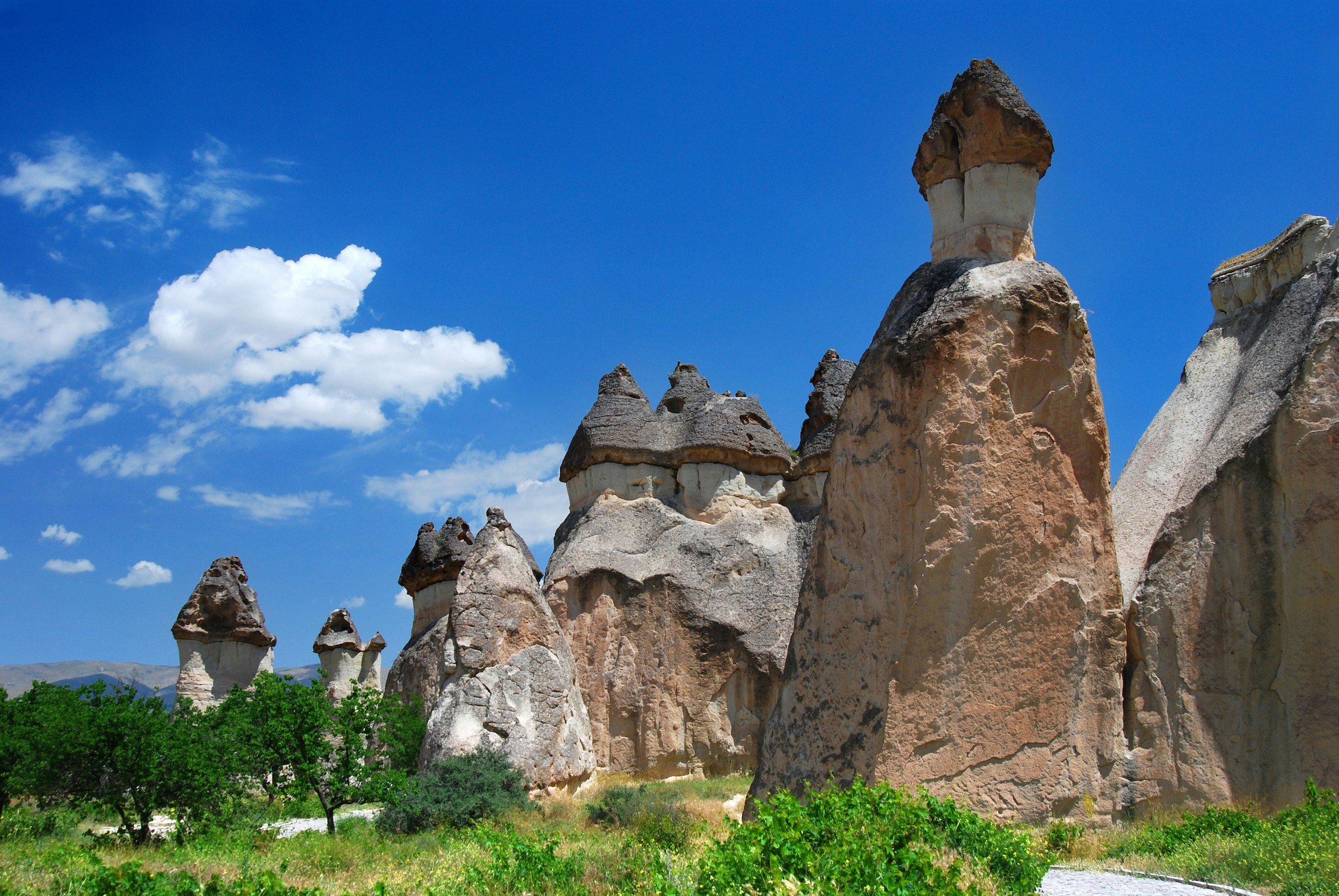 Fairy chimneys in Pasabag Valley, Cappadocia, under a clear blue sky.