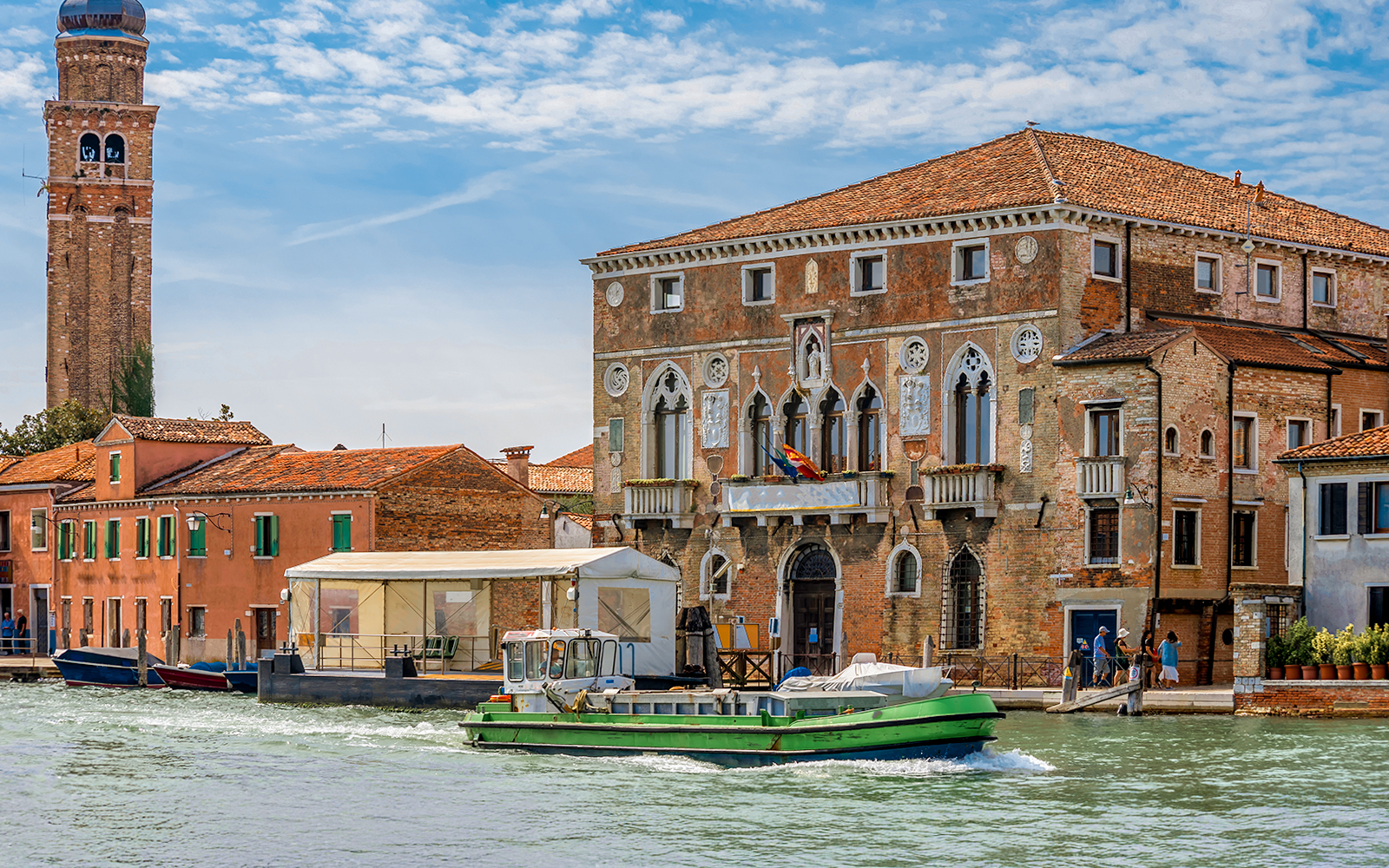 Palazzo da Mula and San Pietro Martire bell tower in Murano, Venice, Italy.
