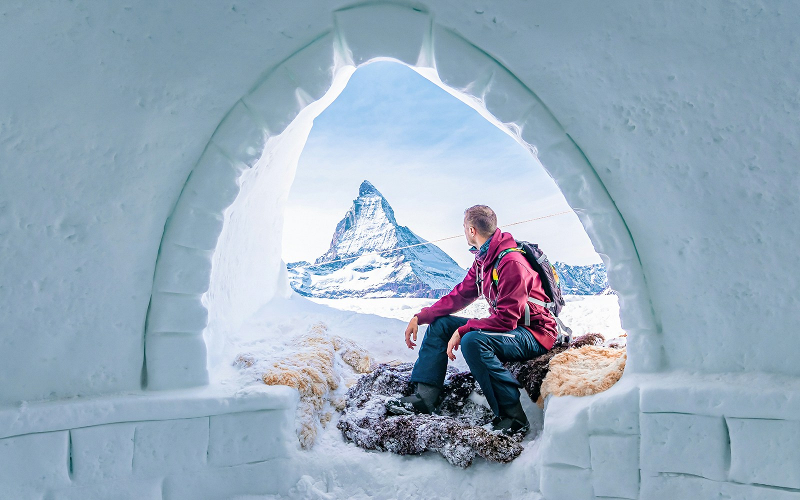 Matterhorn Glacier Paradise cable car with snow-covered peaks in Zermatt, Switzerland.