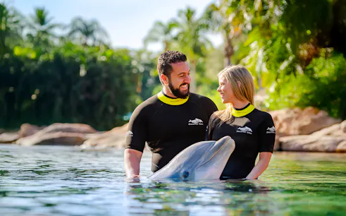 Visitors interacting with a dolphin at Discovery Cove Orlando.