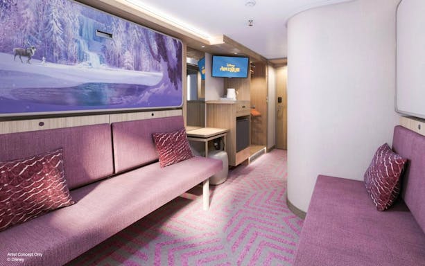 Stateroom with Verandah on Disney Adventure Cruise from Singapore, featuring purple seating and Frozen-themed decor.
