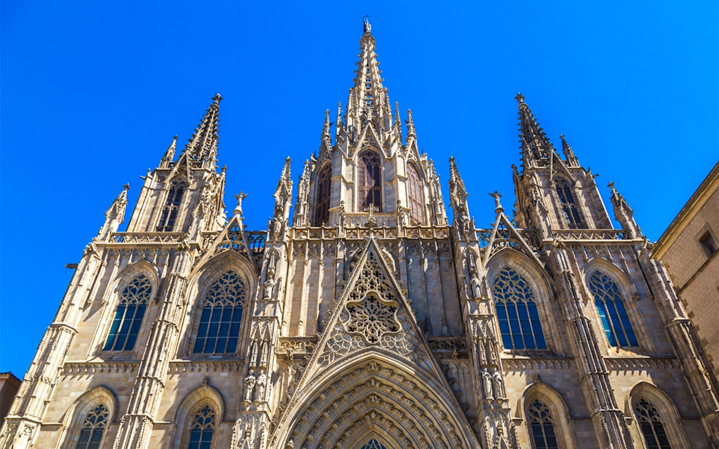 Cathedral of Barcelona facade with intricate Gothic architecture.