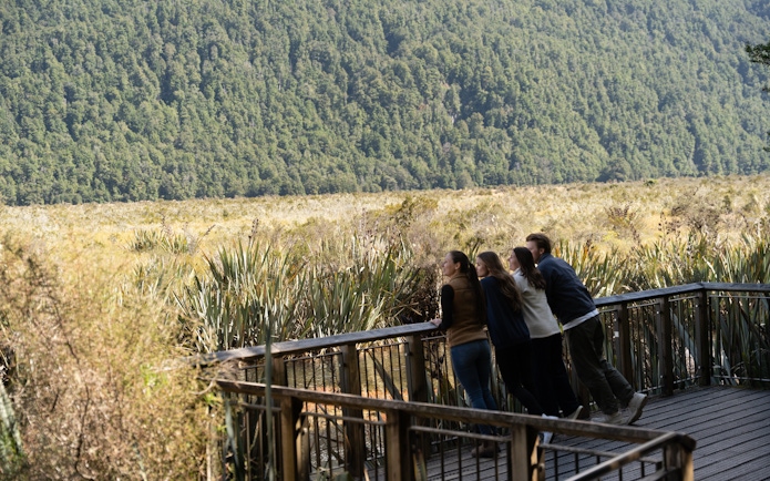 Visitors enjoying the view from a boardwalk in Milford Sound, surrounded by lush greenery.