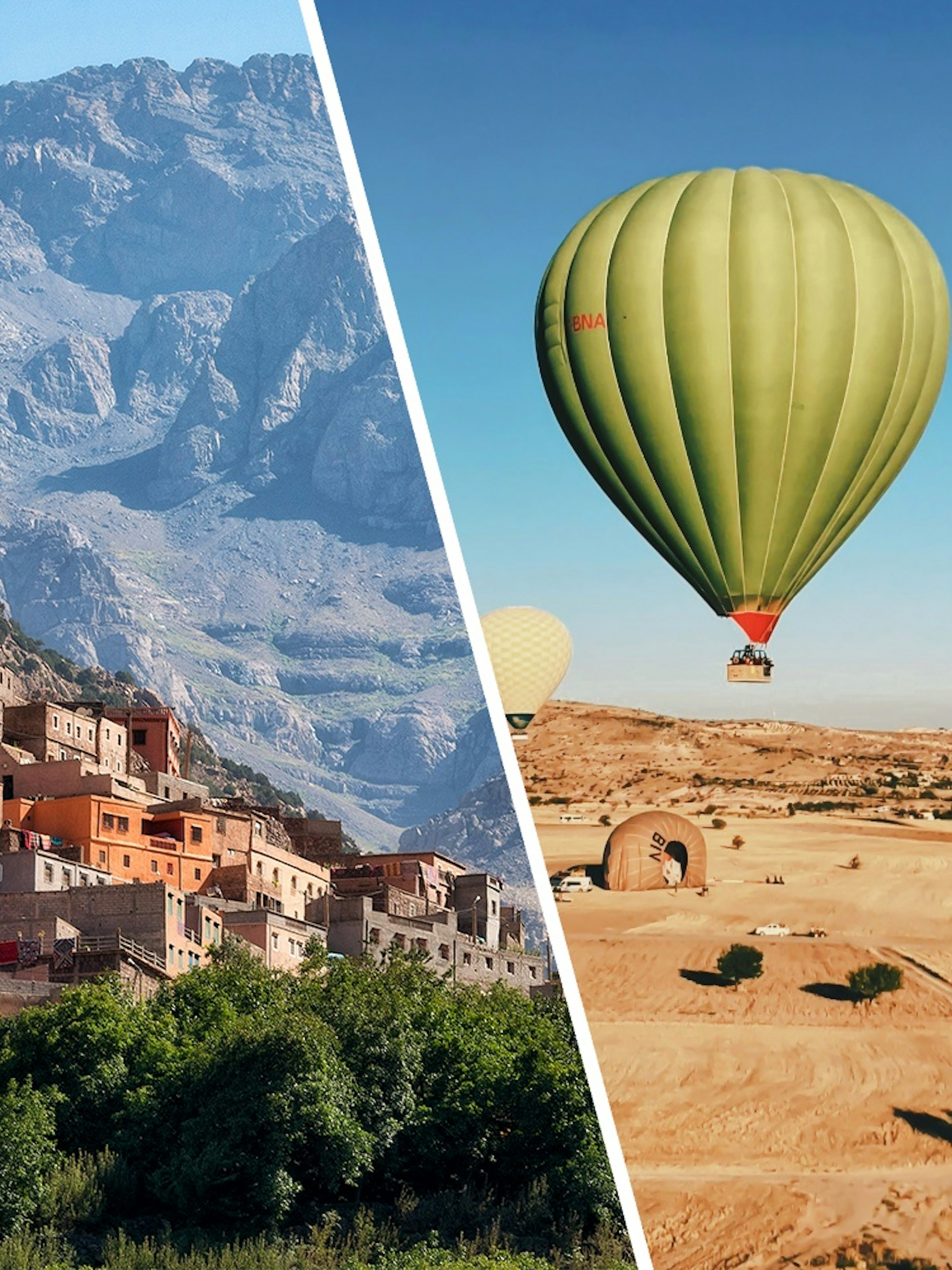 Green hot air balloon over desert landscape near Marrakech.