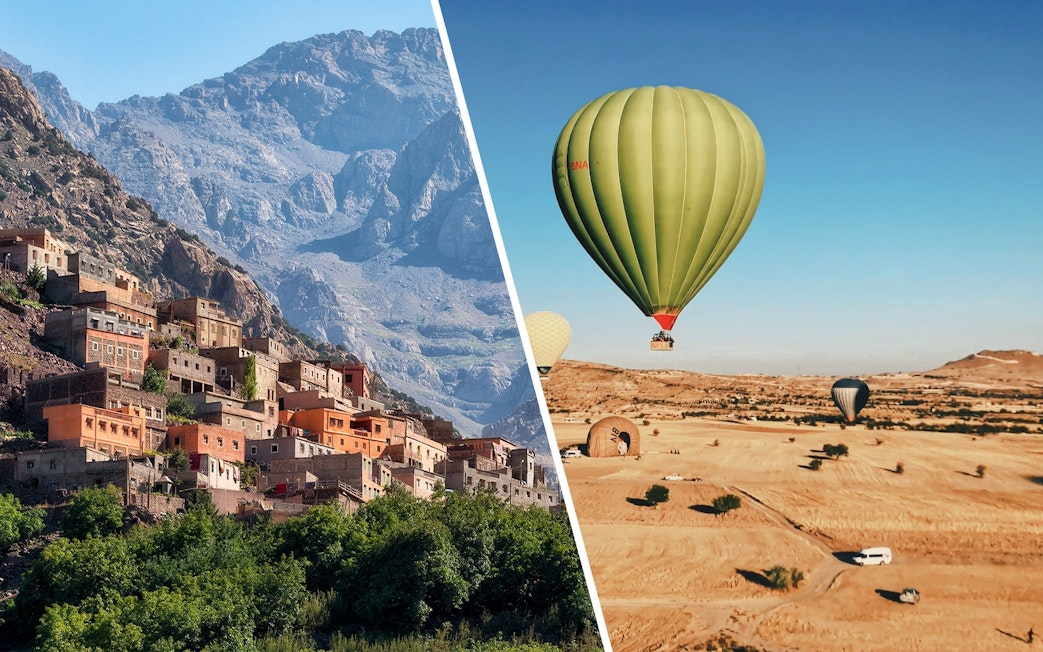 Green hot air balloon over desert landscape near Marrakech.