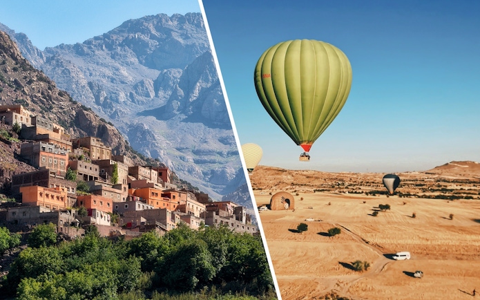 Green hot air balloon over desert landscape near Marrakech.