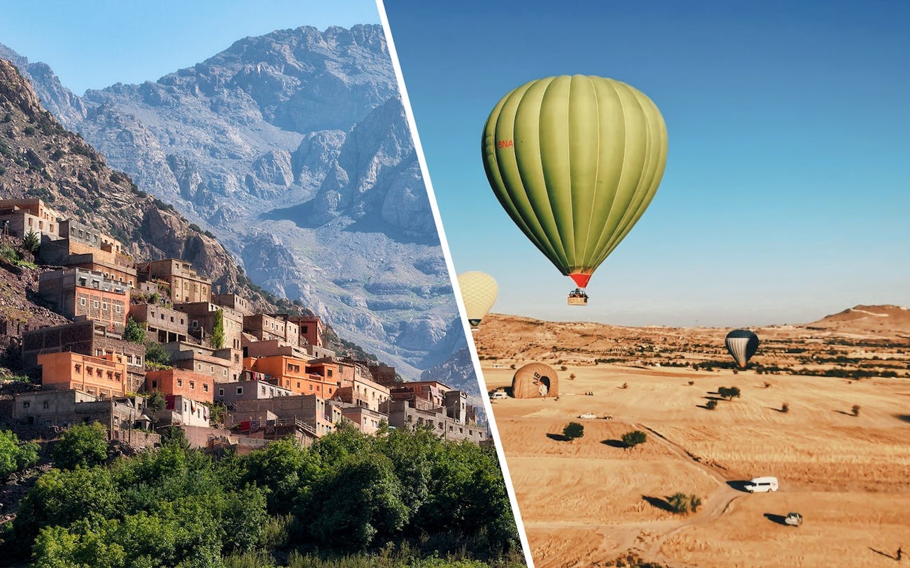 Green hot air balloon over desert landscape near Marrakech.