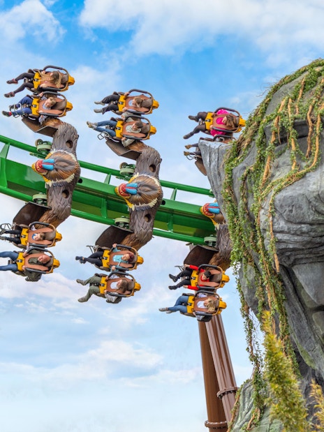 Riders on Mandrill Mayhem rollercoaster at World of Jumanji, Chessington World of Adventures Resort.