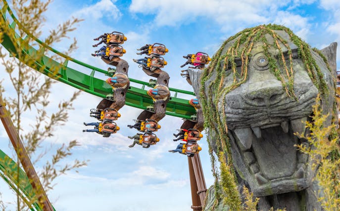 Riders on Mandrill Mayhem rollercoaster at World of Jumanji, Chessington World of Adventures Resort.