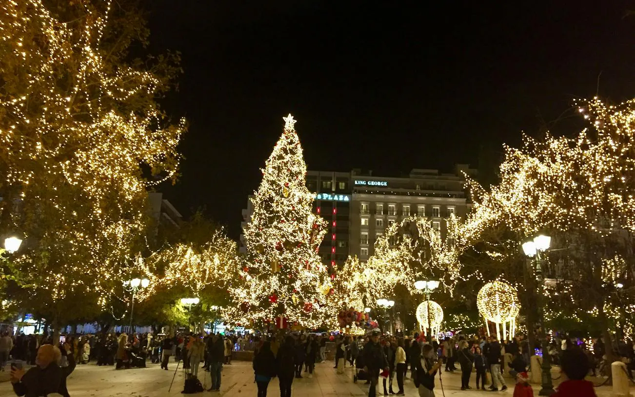 Syntagma Square Christmas lights and tree during Athens treasure hunt game.