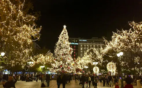Syntagma Square Christmas lights and tree during Athens treasure hunt game.