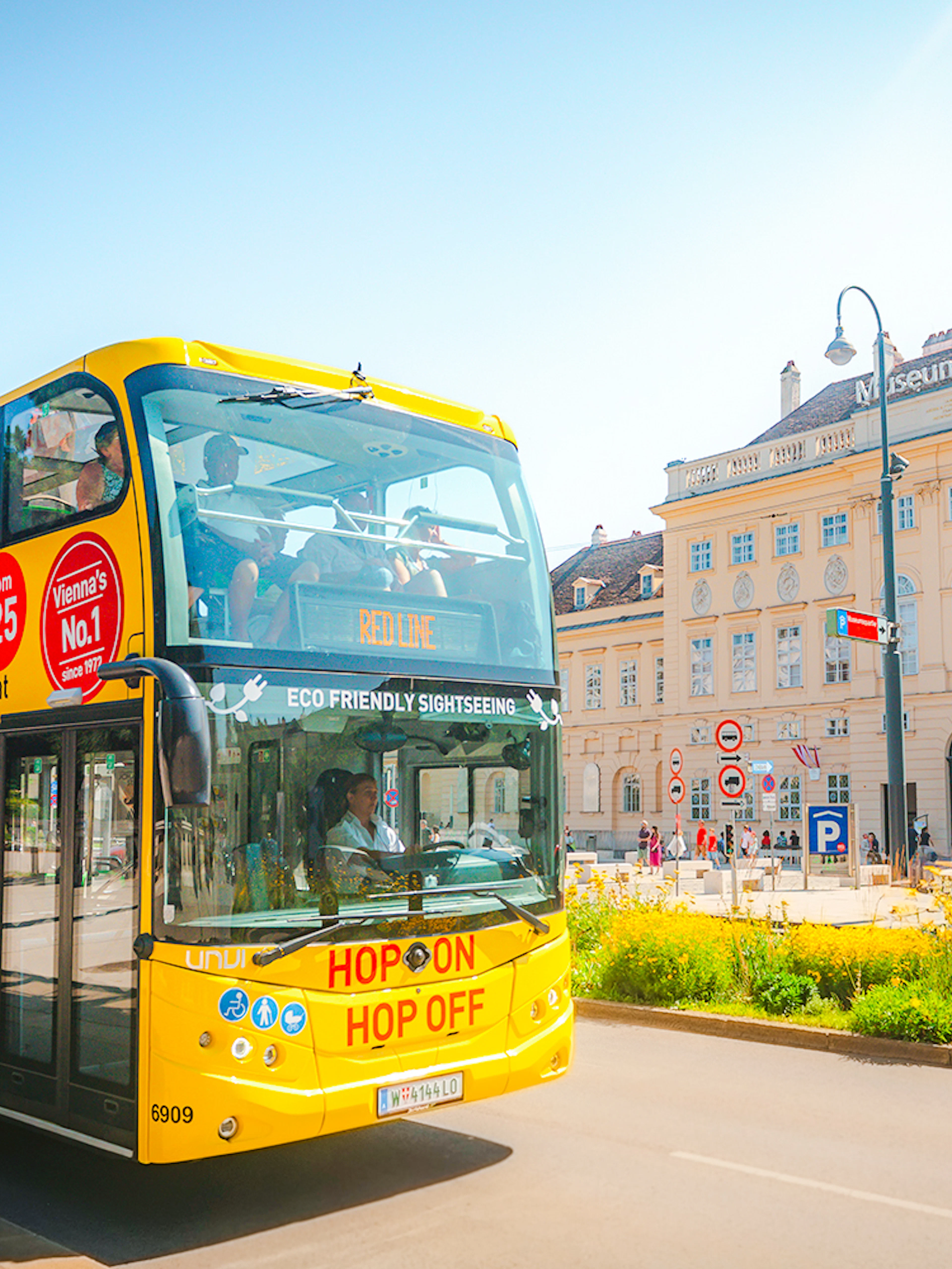 Vienna sightseeing hop-on hop-off bus near MuseumsQuartier.