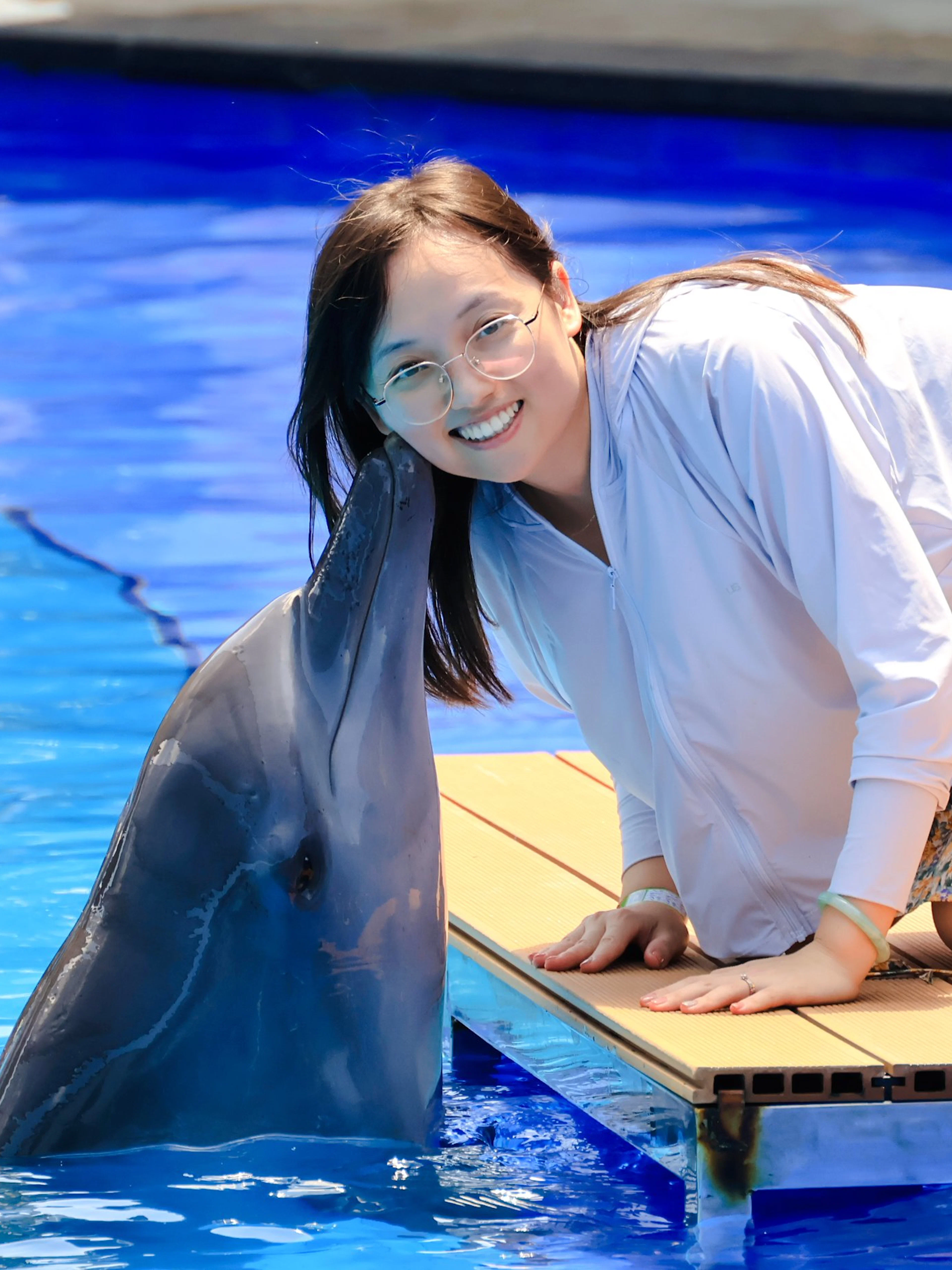 Person interacting with a dolphin at a marine attraction.