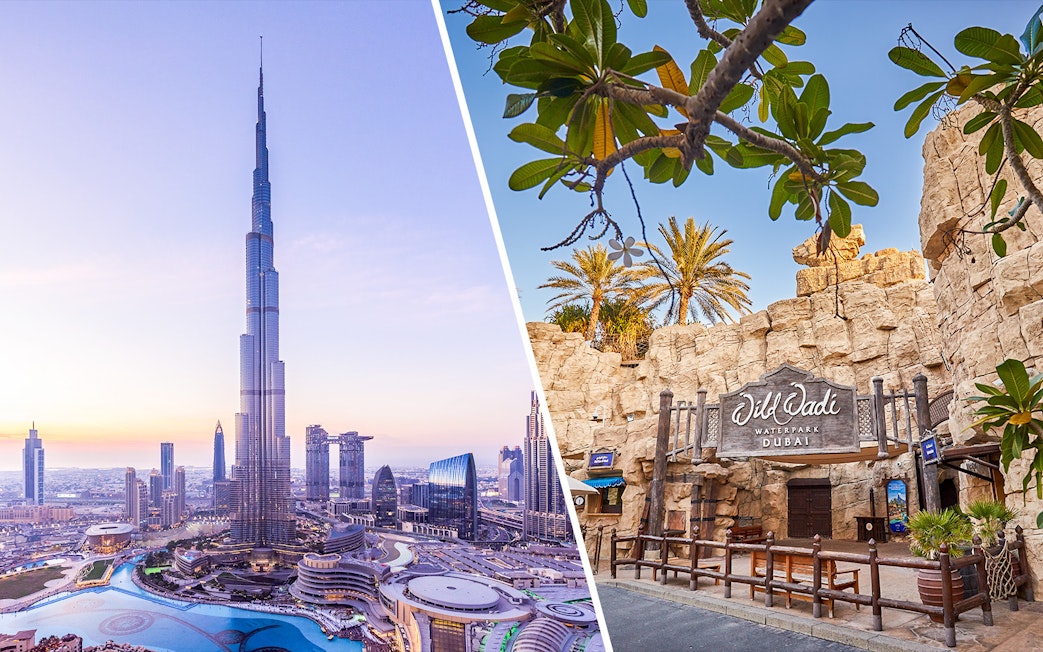 Burj Khalifa skyline and entrance to Wild Wadi Waterpark in Dubai.
