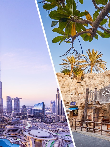 Burj Khalifa skyline and entrance to Wild Wadi Waterpark in Dubai.