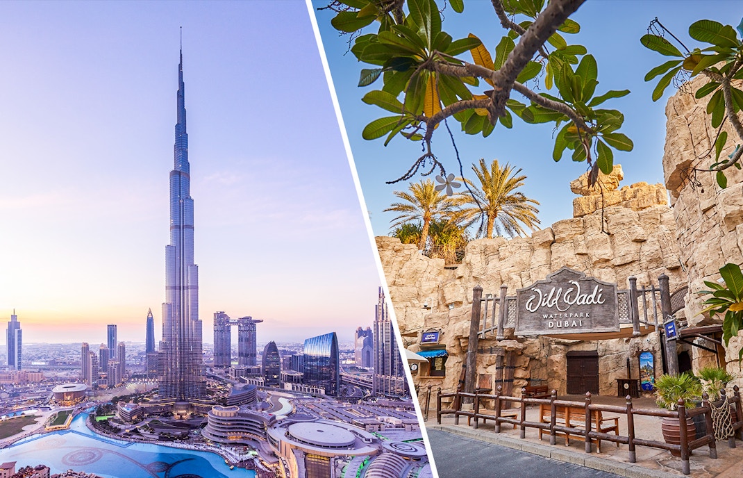 Burj Khalifa view with Wild Wadi Waterpark, includes café offer with free pastry and coffee.