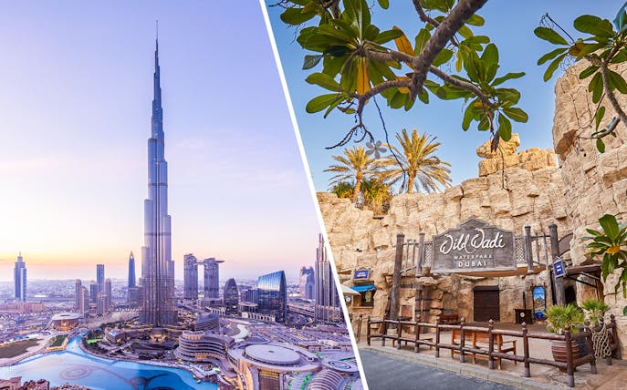 Burj Khalifa skyline and entrance to Wild Wadi Waterpark in Dubai.