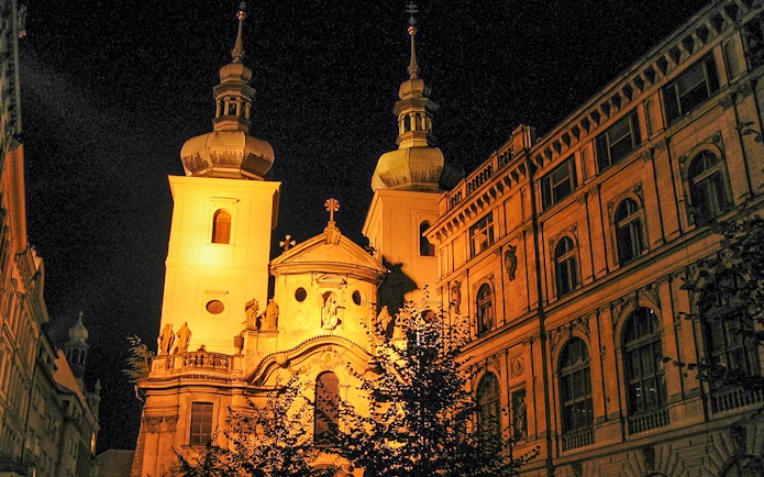 Medieval architecture illuminated at night on Prague's Ghosts and Legends tour.