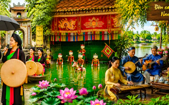 Traditional Vietnamese water puppet show and musicians in Hanoi.