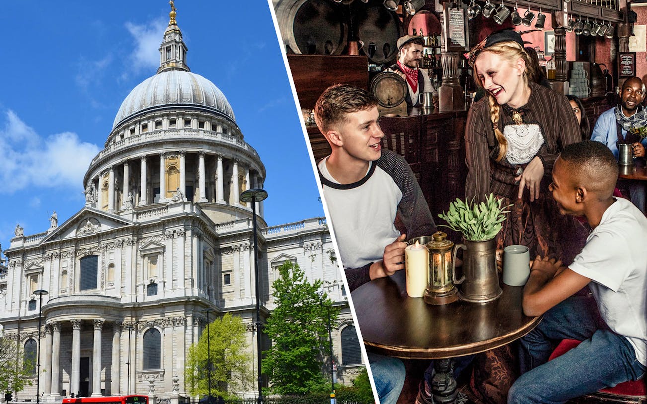St. Paul’s Cathedral exterior and visitors at London Dungeon pub scene.