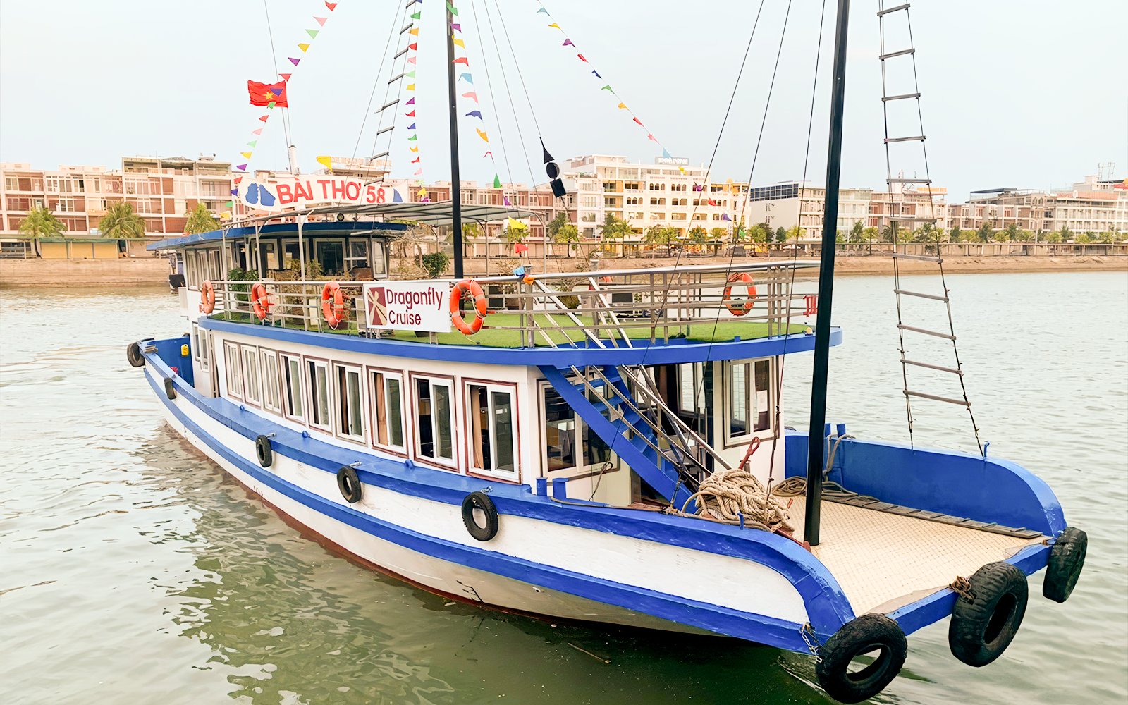 Dragonfly Standard Cruise boat docked by a riverside with colorful flags.