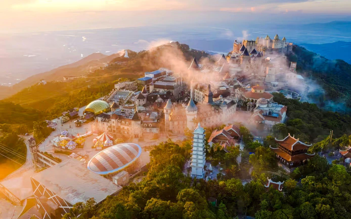 Sun World Ba Na Hills resort in Da Nang with French Village and cable car station.