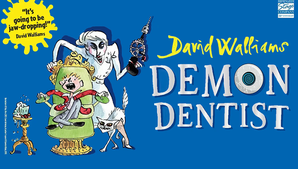 Demon Dentist illustration with a dentist, child in chair, and cat.