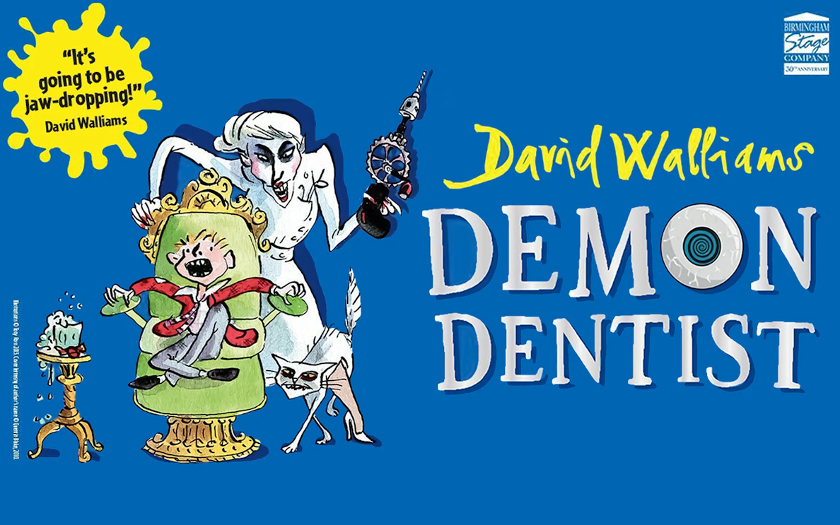 Demon Dentist illustration with a dentist, child in chair, and cat.