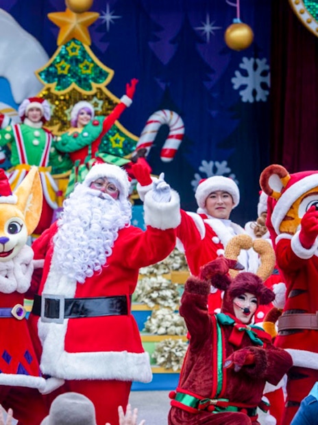 Everland Christmas performance with Santa and festive characters on stage.