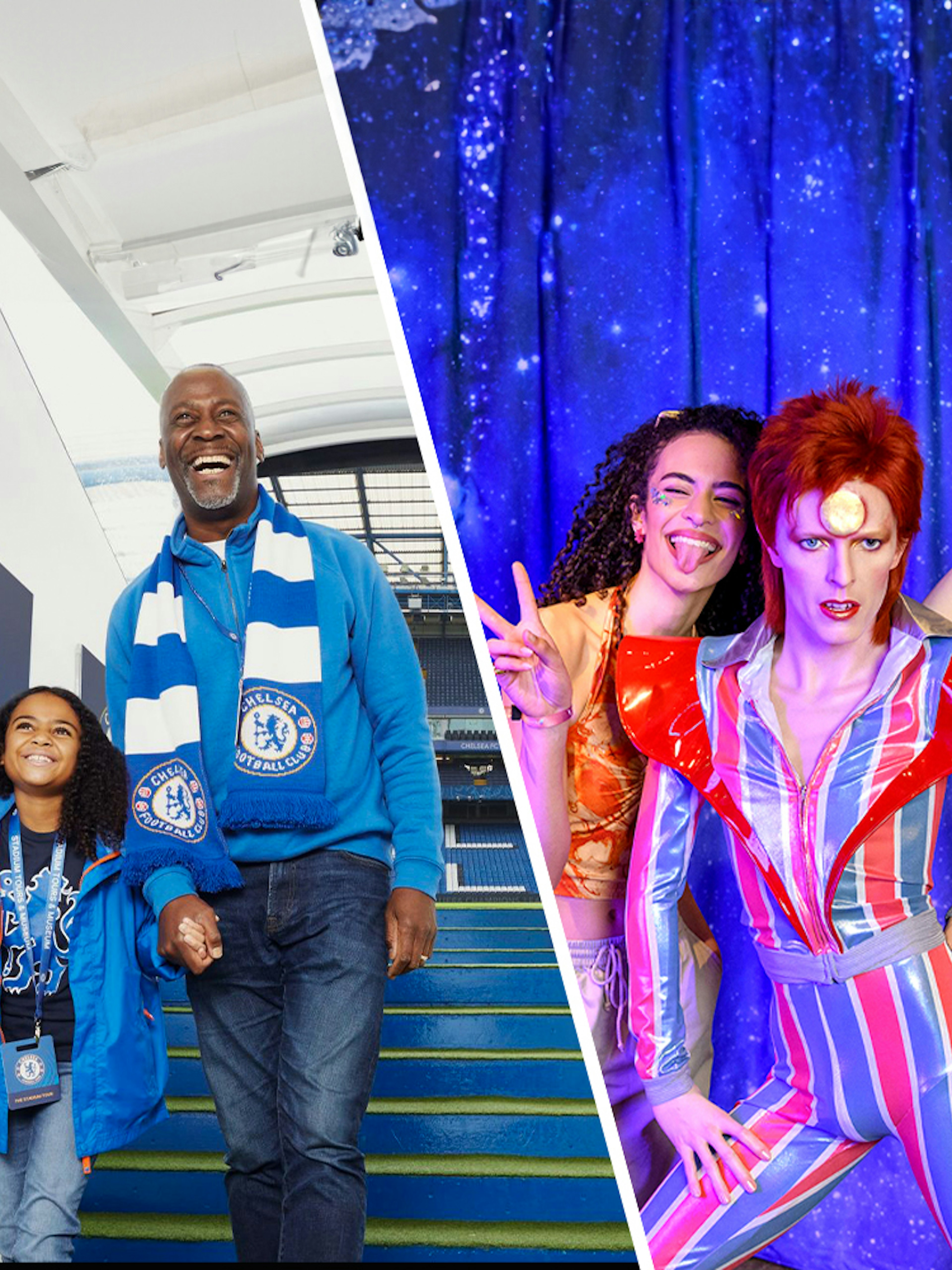 Chelsea FC Stadium tour with fans and Madame Tussauds visitors posing with wax figures.
