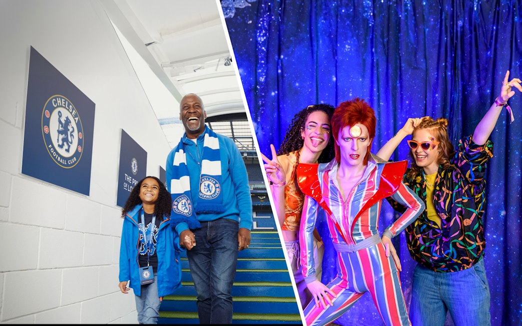 Chelsea FC Stadium tour with fans and Madame Tussauds visitors posing with wax figures.