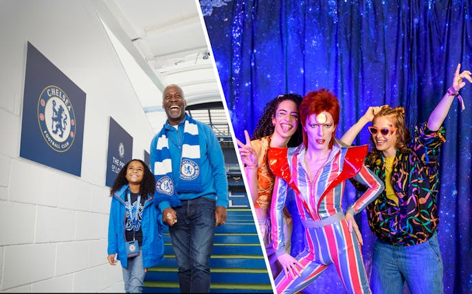 Chelsea FC Stadium tour with fans and Madame Tussauds visitors posing with wax figures.