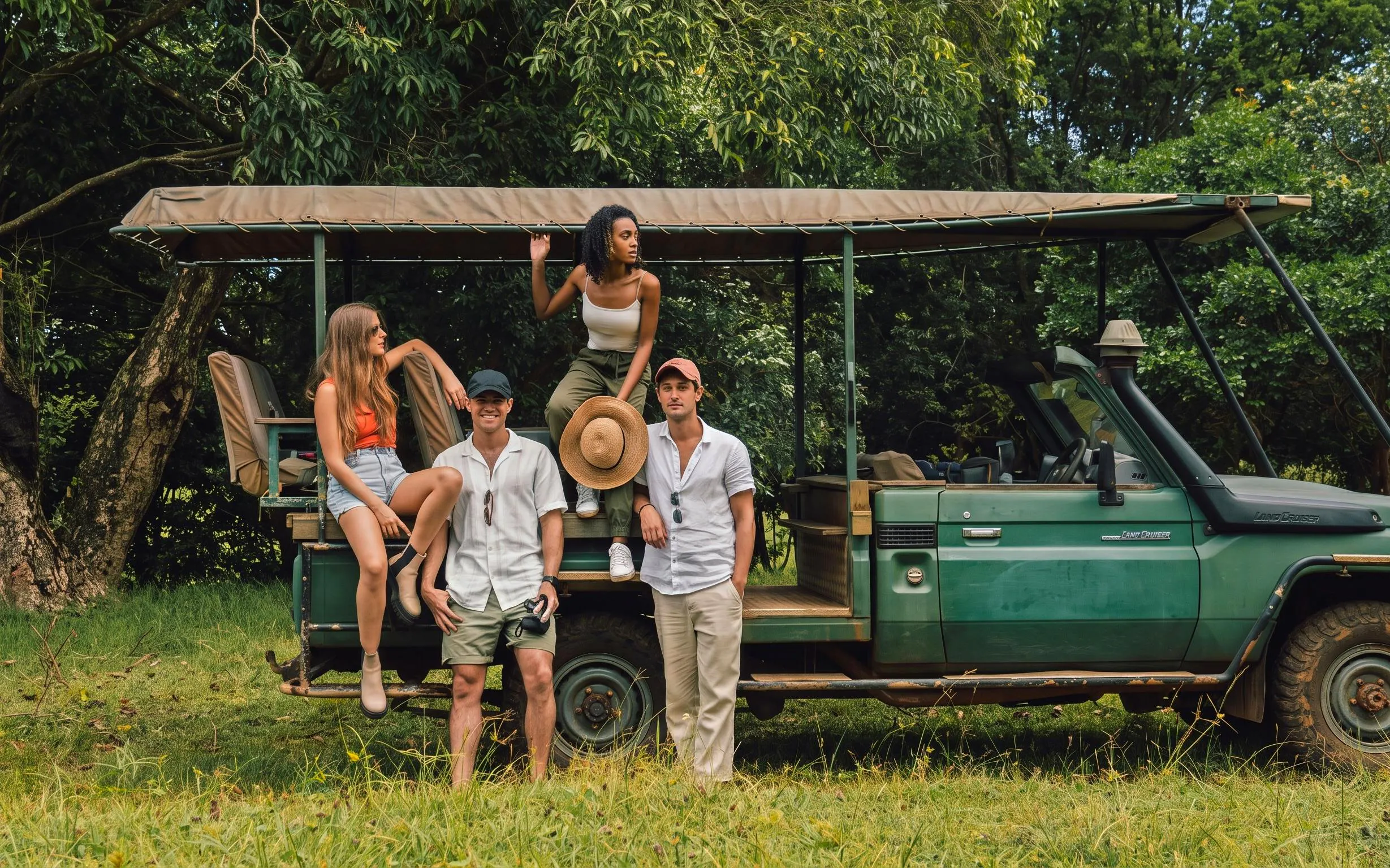 Group enjoying a 4x4 safari in Bel Ombre, standing by an open-top vehicle in lush greenery.
