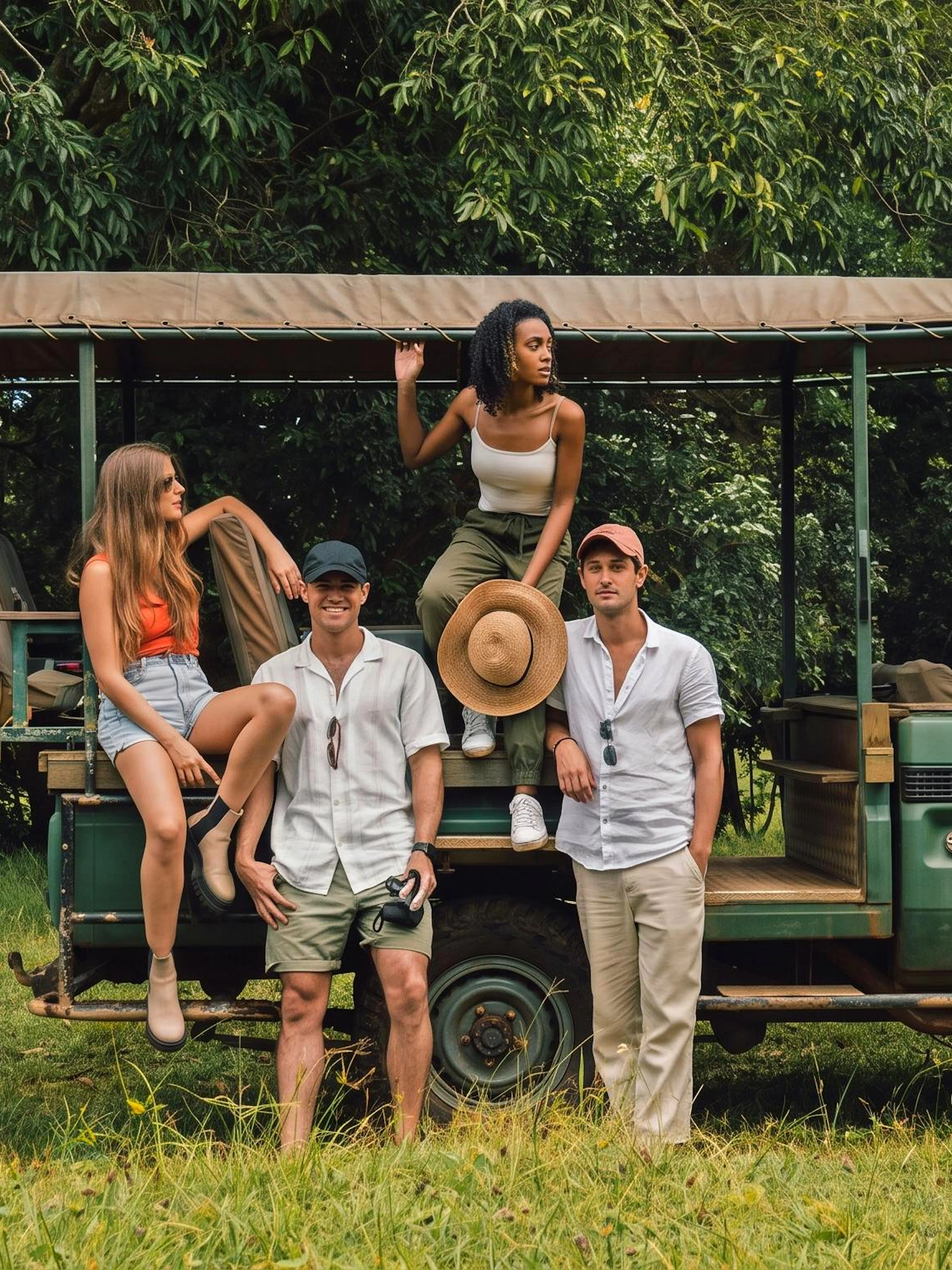 Group enjoying a 4x4 safari in Bel Ombre, standing by an open-top vehicle in lush greenery.