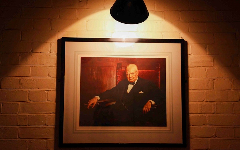 Portrait of Winston Churchill in the Churchill War Rooms, London.