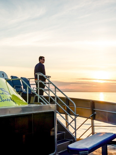 Group on Prince of Whales boat during sunset whale watching tour.