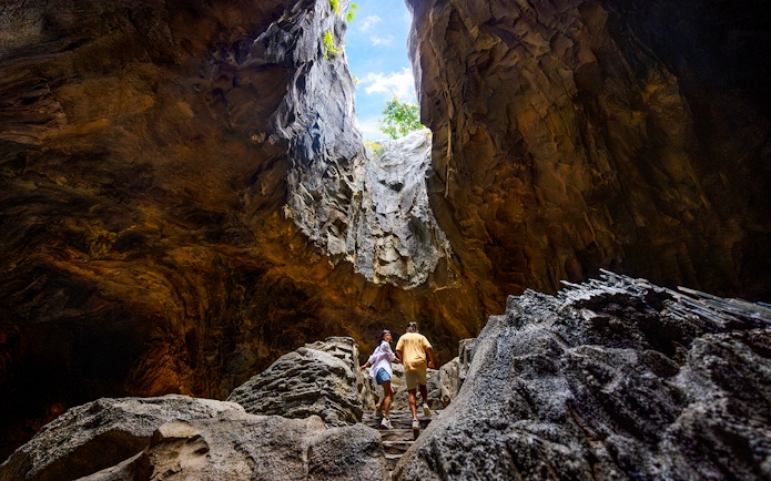 Visitors exploring a cavern in the Rainforest Wild, Asia.