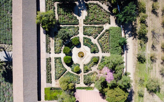 Aerial view of Santa Rita Vineyard's geometric garden layout, Santiago.
