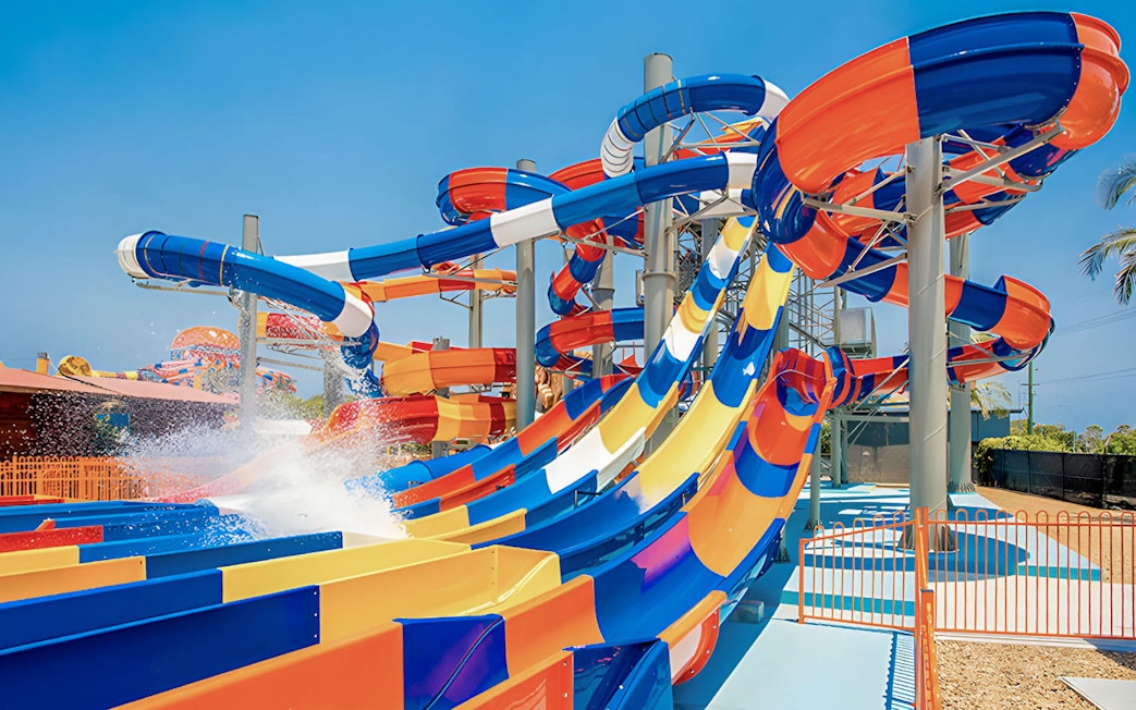 Colorful water slides at WhiteWater World, Gold Coast, Australia.