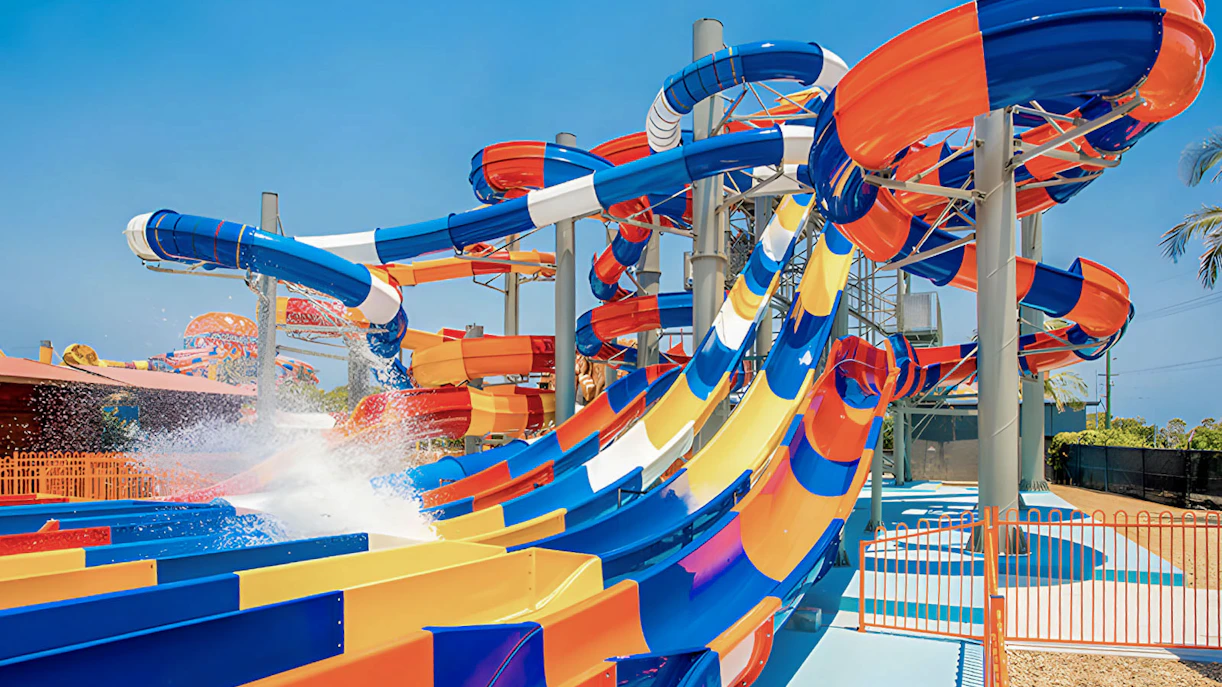 Colorful water slides at WhiteWater World, Gold Coast, Australia.