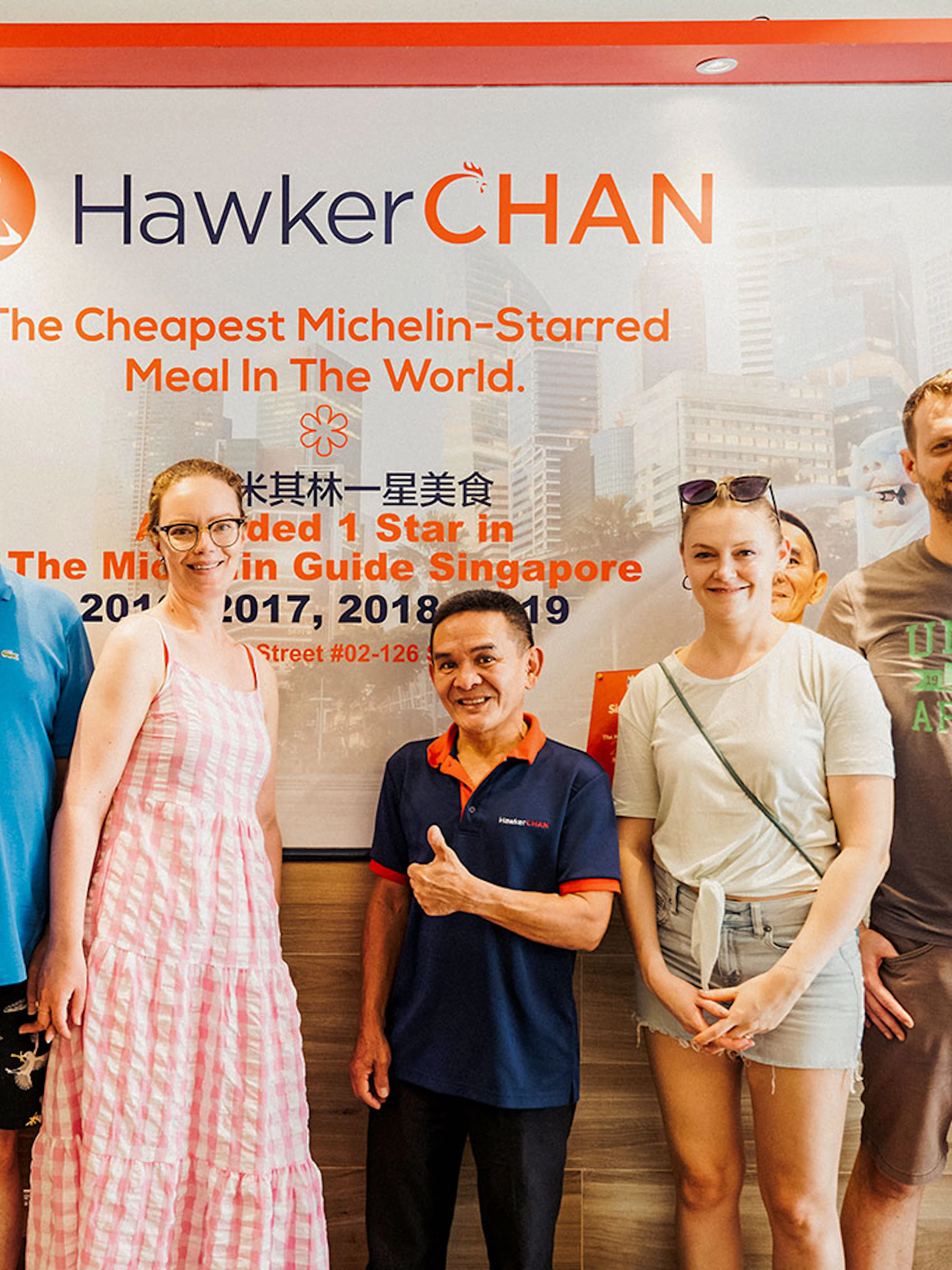 Group at Hawker Chan, Singapore, during Guided Michelin and Local Hawker Food Tour.