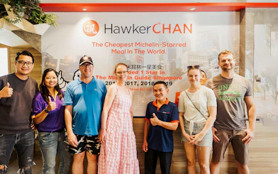 Group at Hawker Chan, Singapore, during Guided Michelin and Local Hawker Food Tour.