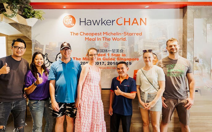 Group at Hawker Chan, Singapore, during Guided Michelin and Local Hawker Food Tour.